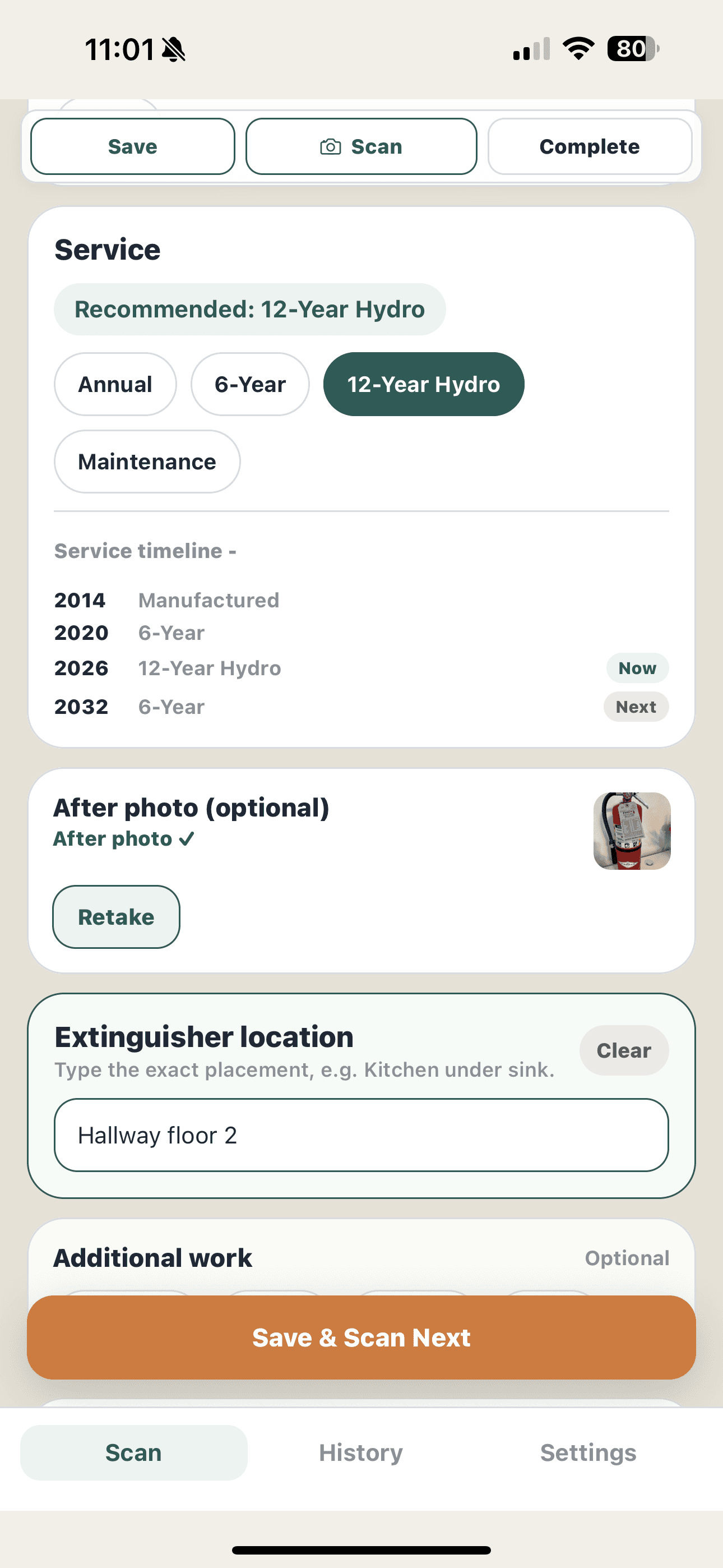 Extinguisher Scanner service details and recommended service screen