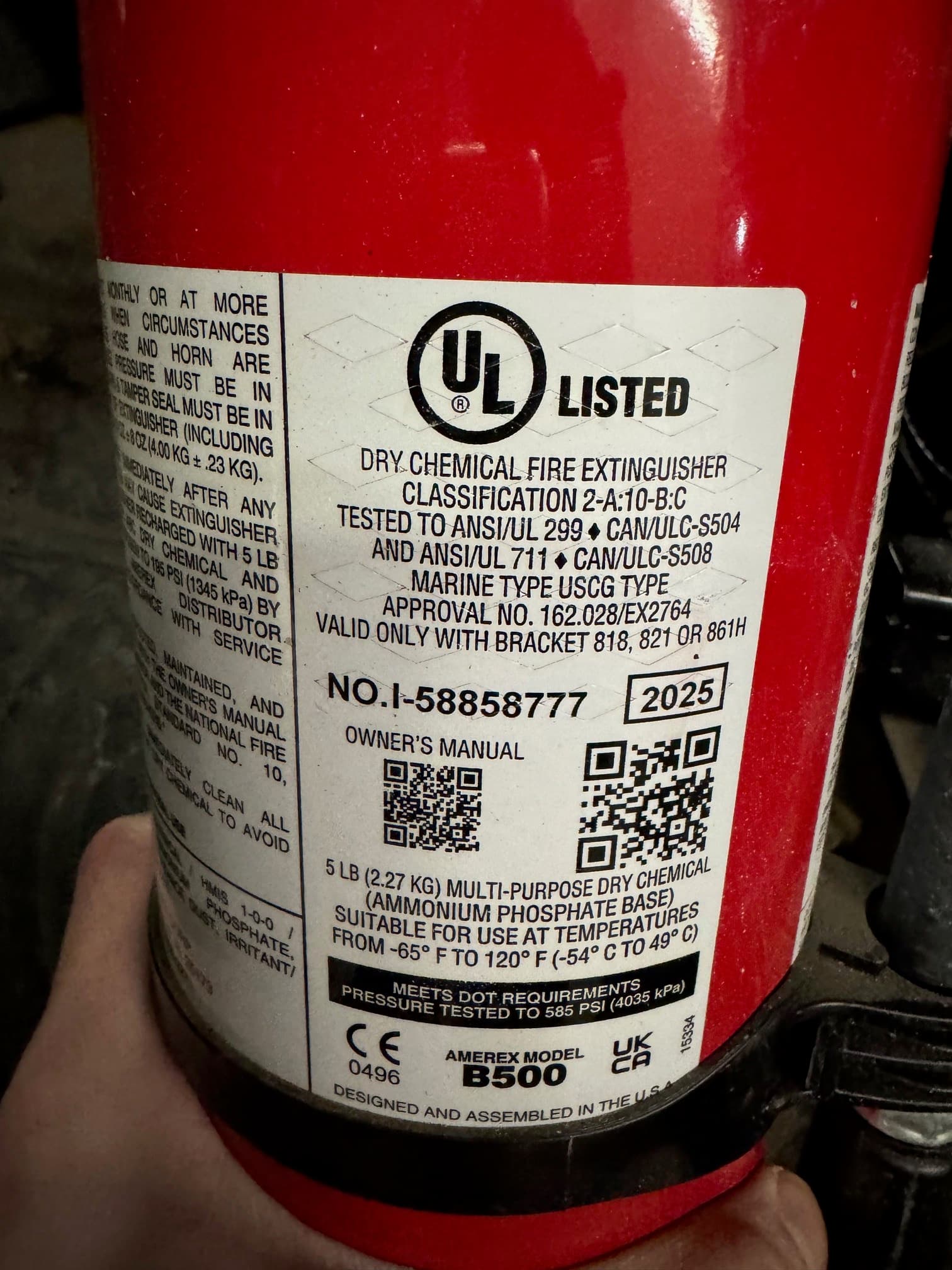 Amerex fire extinguisher manufacturer label with model and equipment information